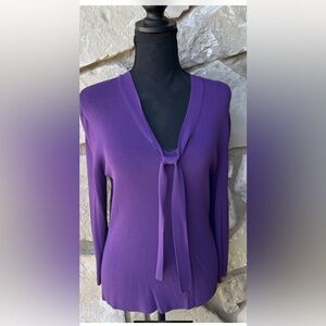 Vintage Marshall Fields Ribbed Knit Top Small Purple Easy Care V Neck‎ Bow